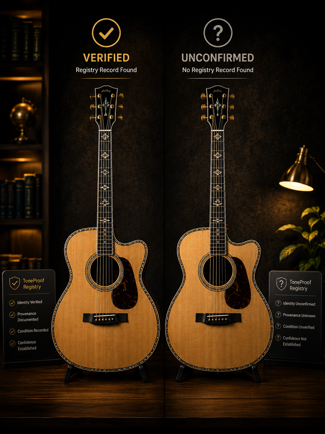 Two premium acoustic guitars shown side by side to represent verified identity and unconfirmed identity
