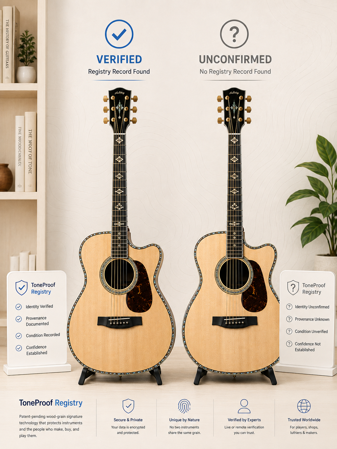 Two premium acoustic guitars shown side by side to represent verified identity and unconfirmed identity